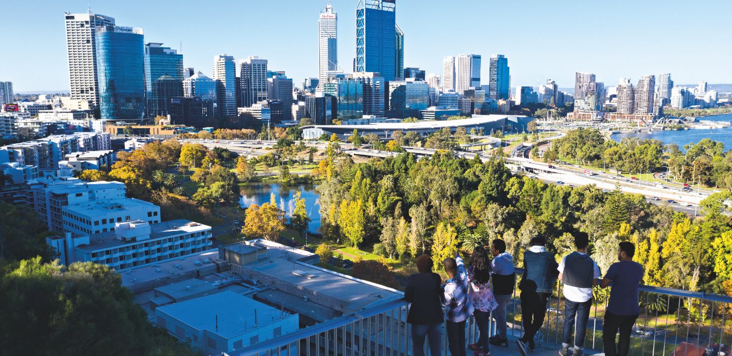 Campus group looking at Perth city view