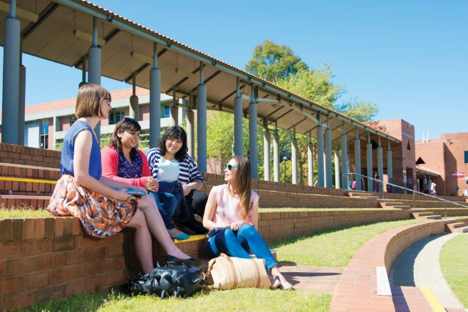 Campus group of females sitting and talking