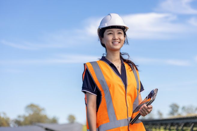 Off campus female holding clipboard at construction site